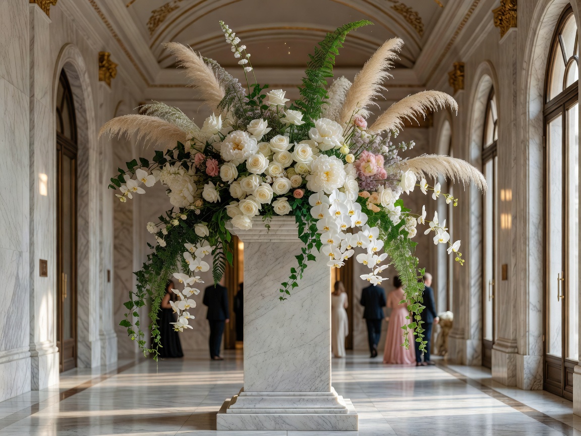 Architectural floral pedestal arrangement in a marble hotel foyer in Milan