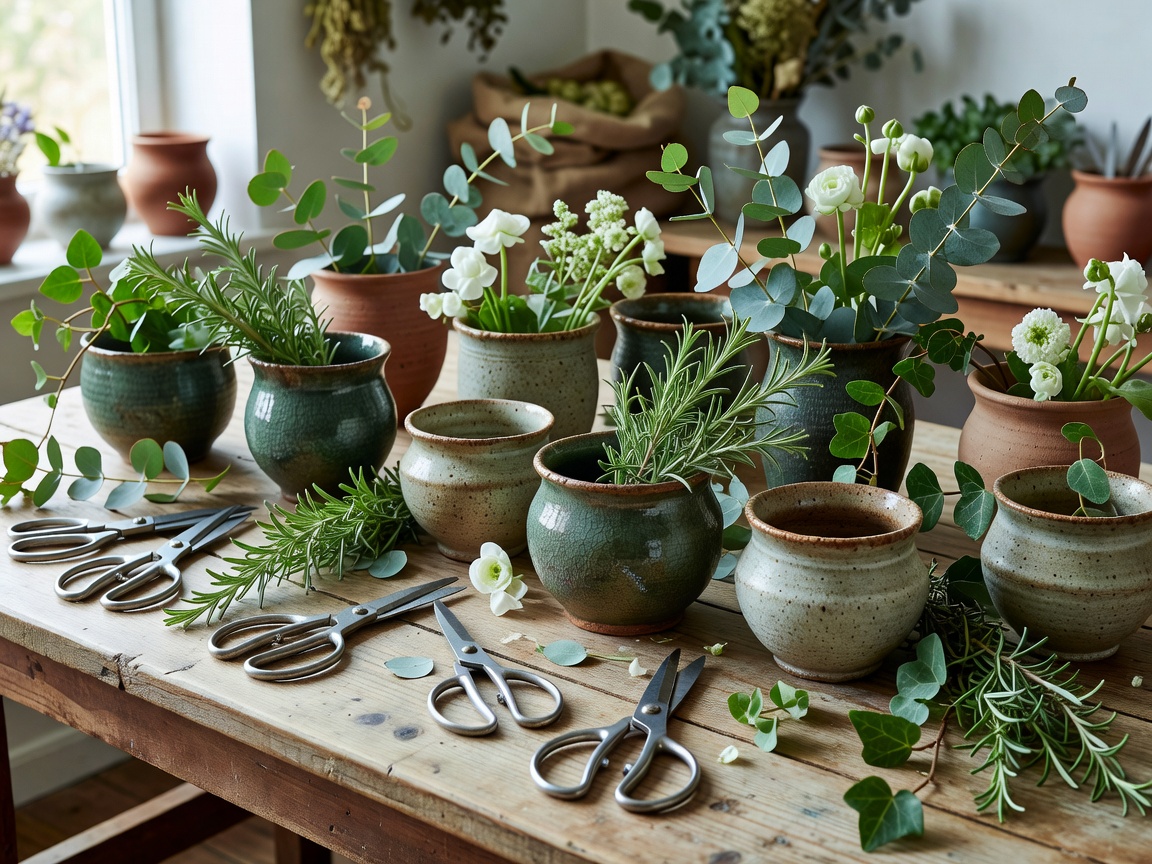 Floristry workshop table with ceramic urns, floral shears, and fresh botanical cuttings