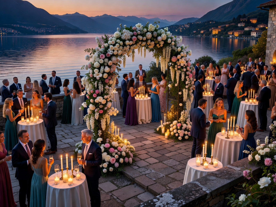 Lake Como wedding reception floral arch and candlelit stone terrace