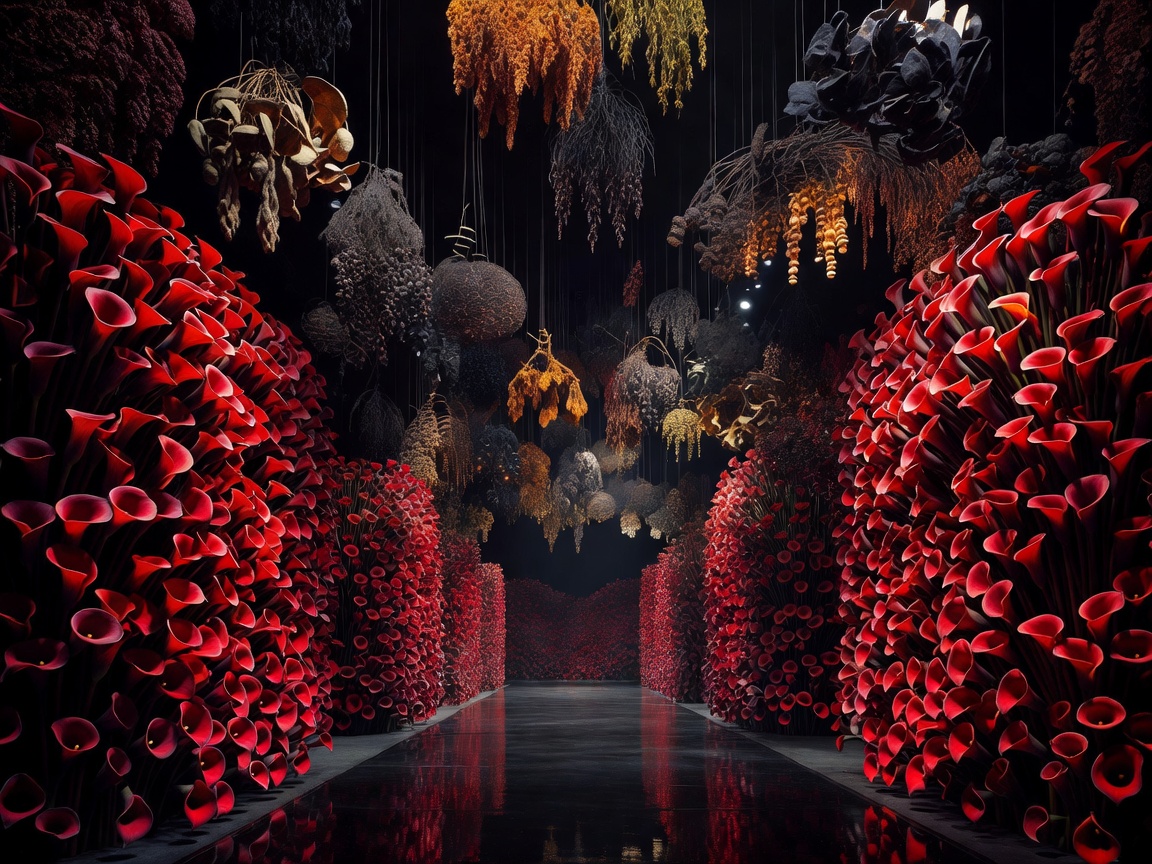 Monolithic floral runway set design with deep red calla lilies and suspended dried foliage