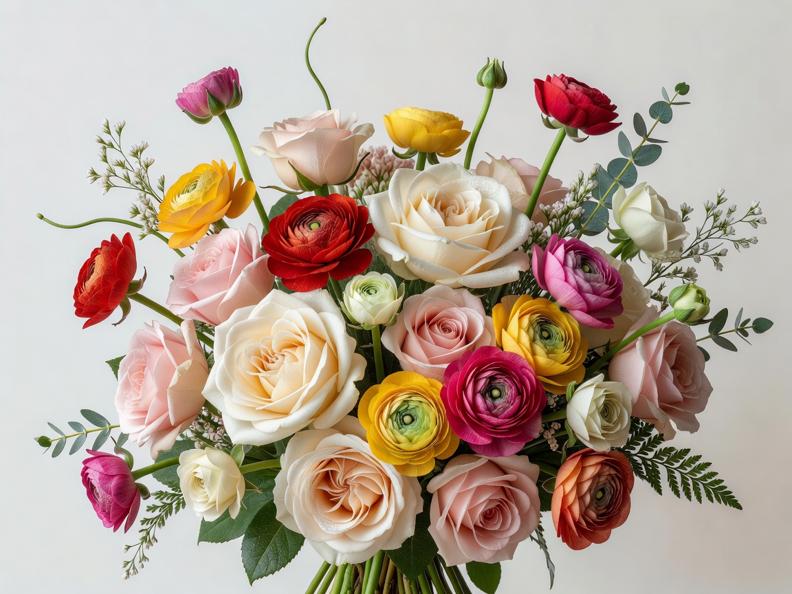 Sculptural designer floral bouquet with garden roses and Italian ranunculus